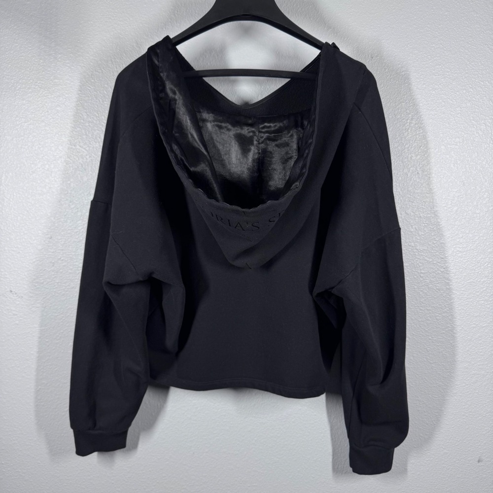 Victorias Secret Womens Black Satin Trim Cropped V-Neck Hoodie Sweatshirt XL - Picture 3 of 13